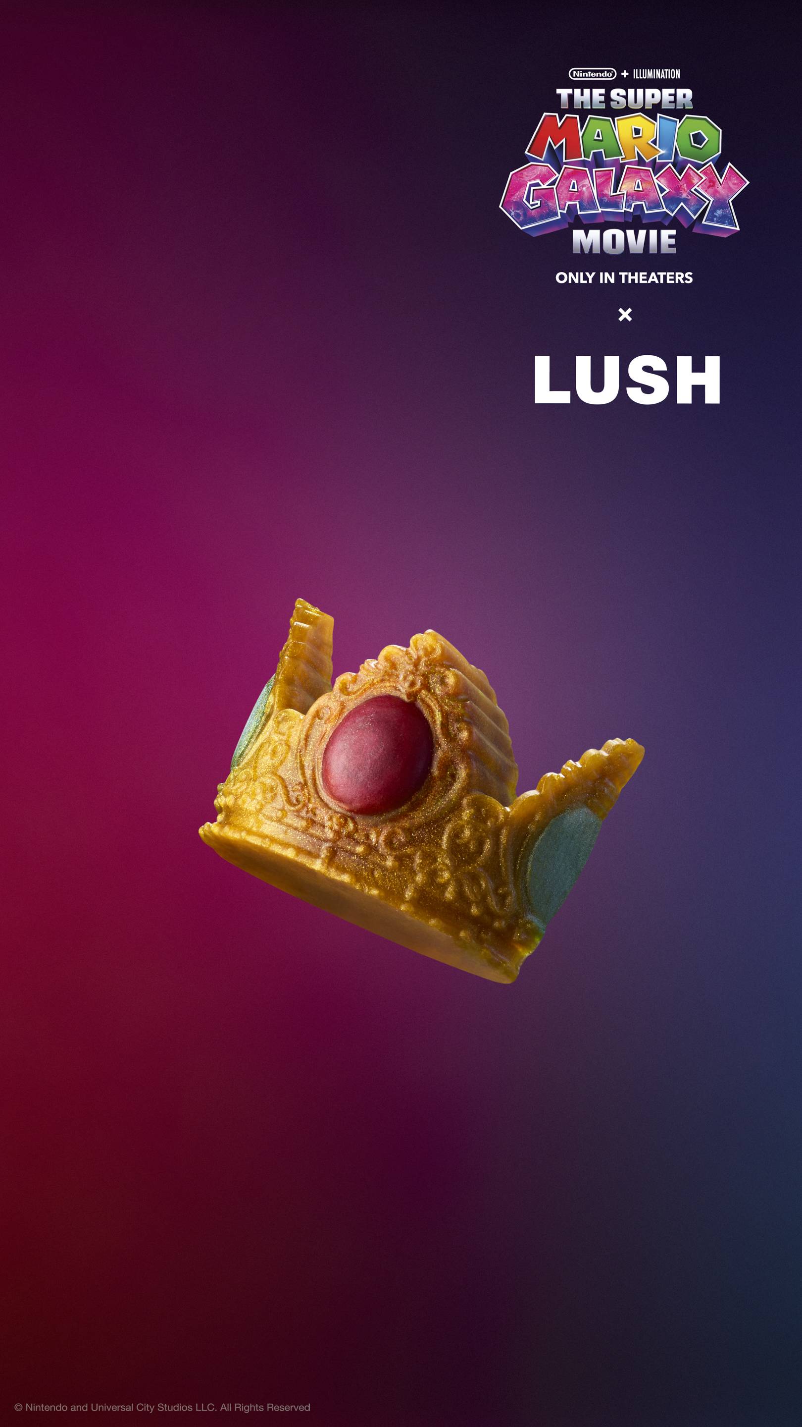 Shimmering gold crown soap with red and blue jewels against a purple-red gradient. Features 'The Super Mario Galaxy Movie x LUSH' logos at top. Includes plastic-free glitter.