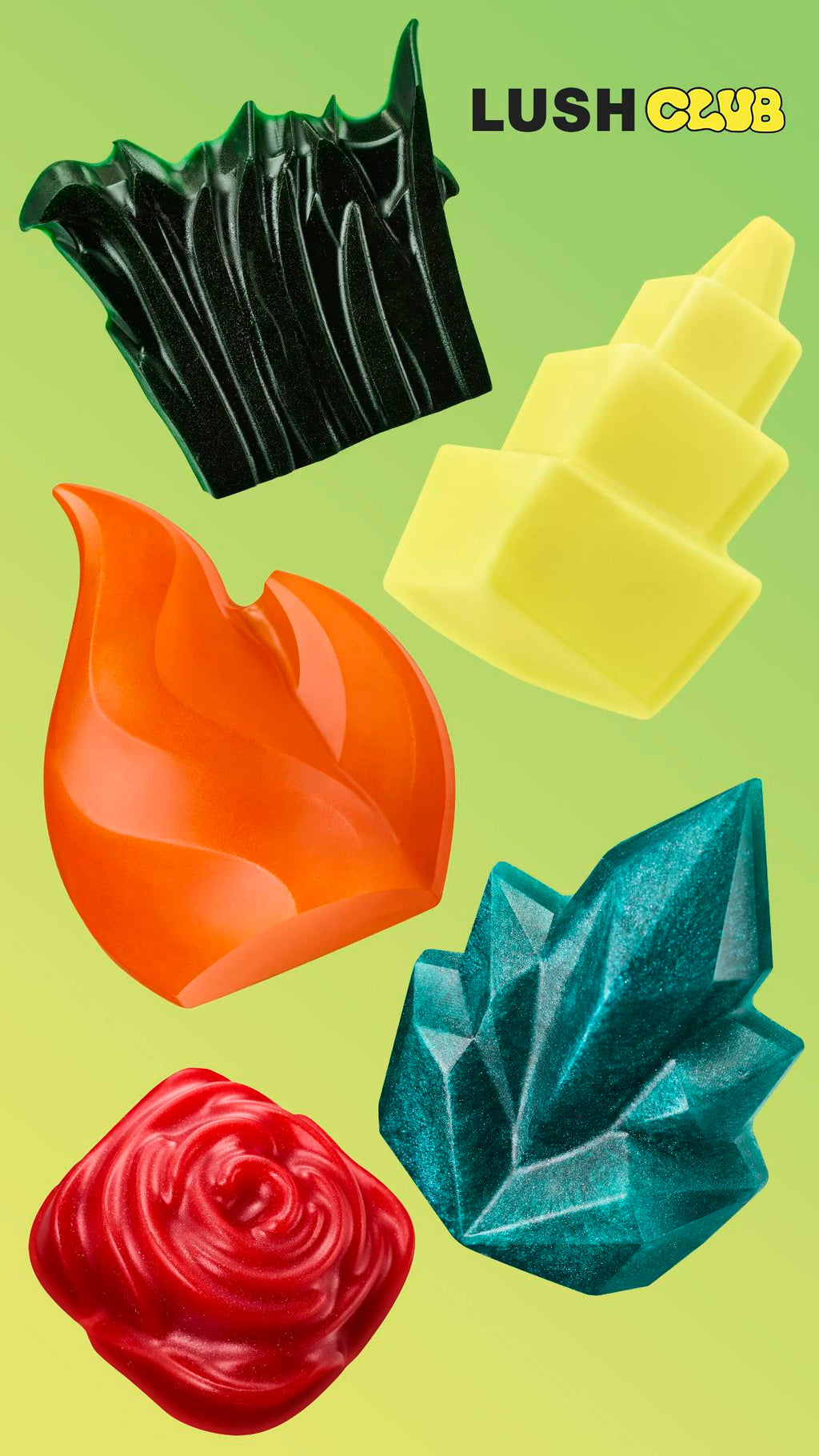 Five Lush Club shower gummies—Grounding, Uplifting, Warming, Cooling, and Sexy—displayed in their unique elemental shapes against a light green background.