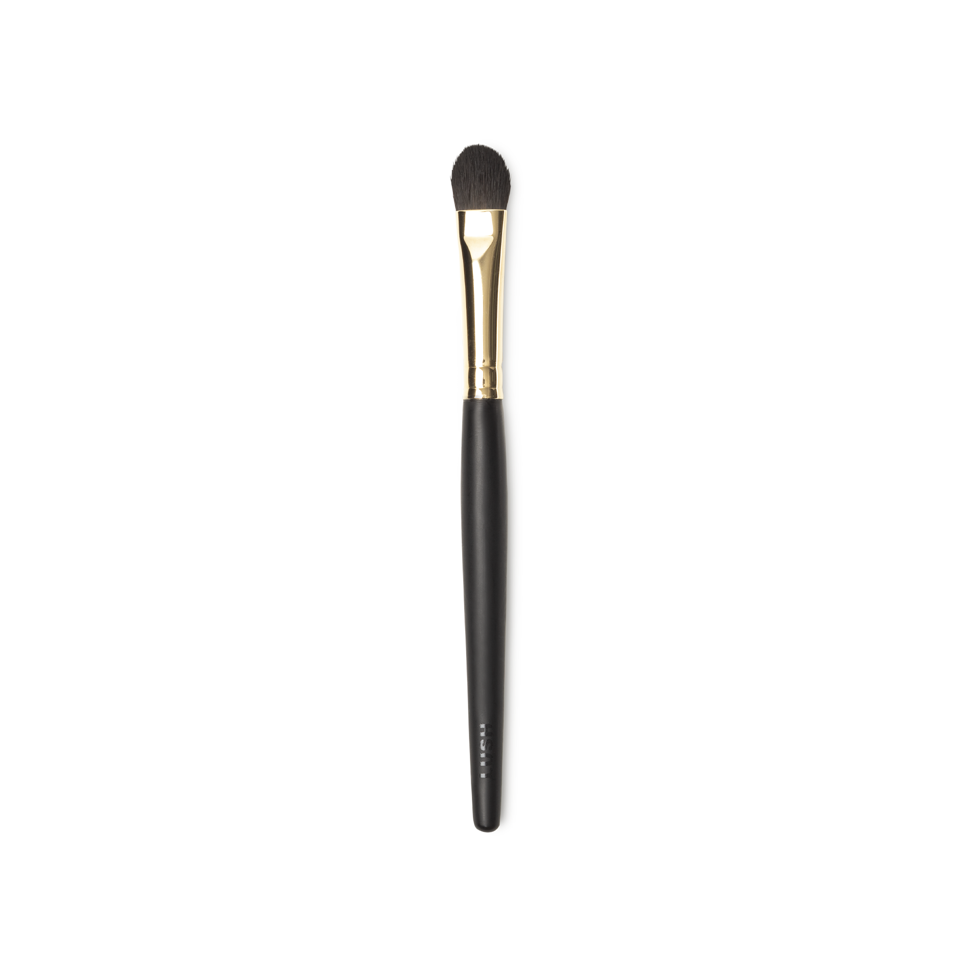 To The Point Brush. A concealer brush, with tapered brown, flat, densley packed bristles. A gold and dark wooden handle.
